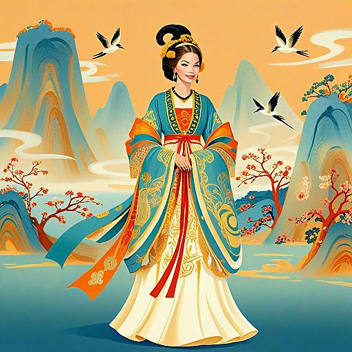 Traditional East Asian Woman in Ornate Historic Dress with Scenic Mountain Landscape