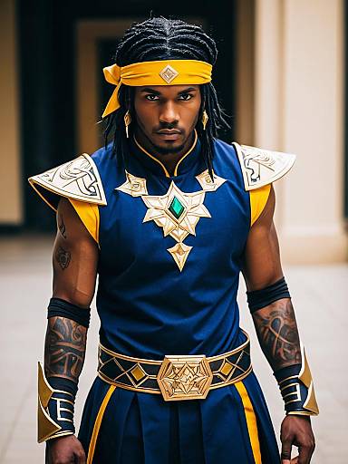 Realistic Angra Mainyu Fate Cosplay Portrait with Blue and Gold Armor