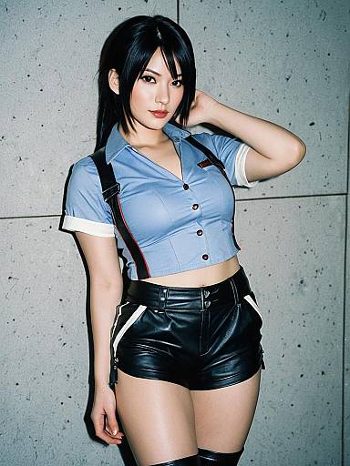 Tifa Cosplay Woman in Cropped Shirt and Leather Shorts