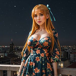 Confident Woman in Teal Dress on City Balcony at Night