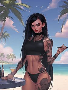 Confident Woman at Beachside with Cocktail and Cigarette Holder