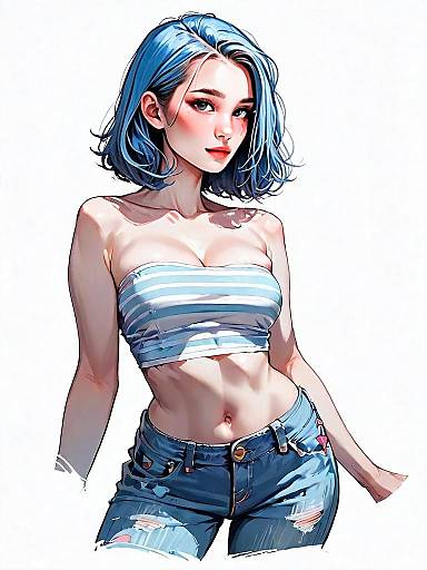 Realistic Digital Art of Woman with Blue Hair in Striped Tube Top and Denim Shorts
