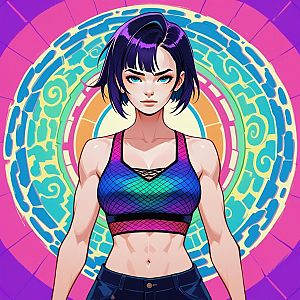Confident Woman with Purple Hair in Vibrant Background