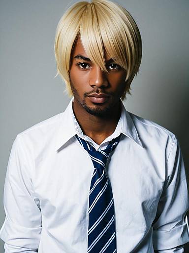 Portrait of Young Man with Blonde Hair in White Shirt and Blue Tie