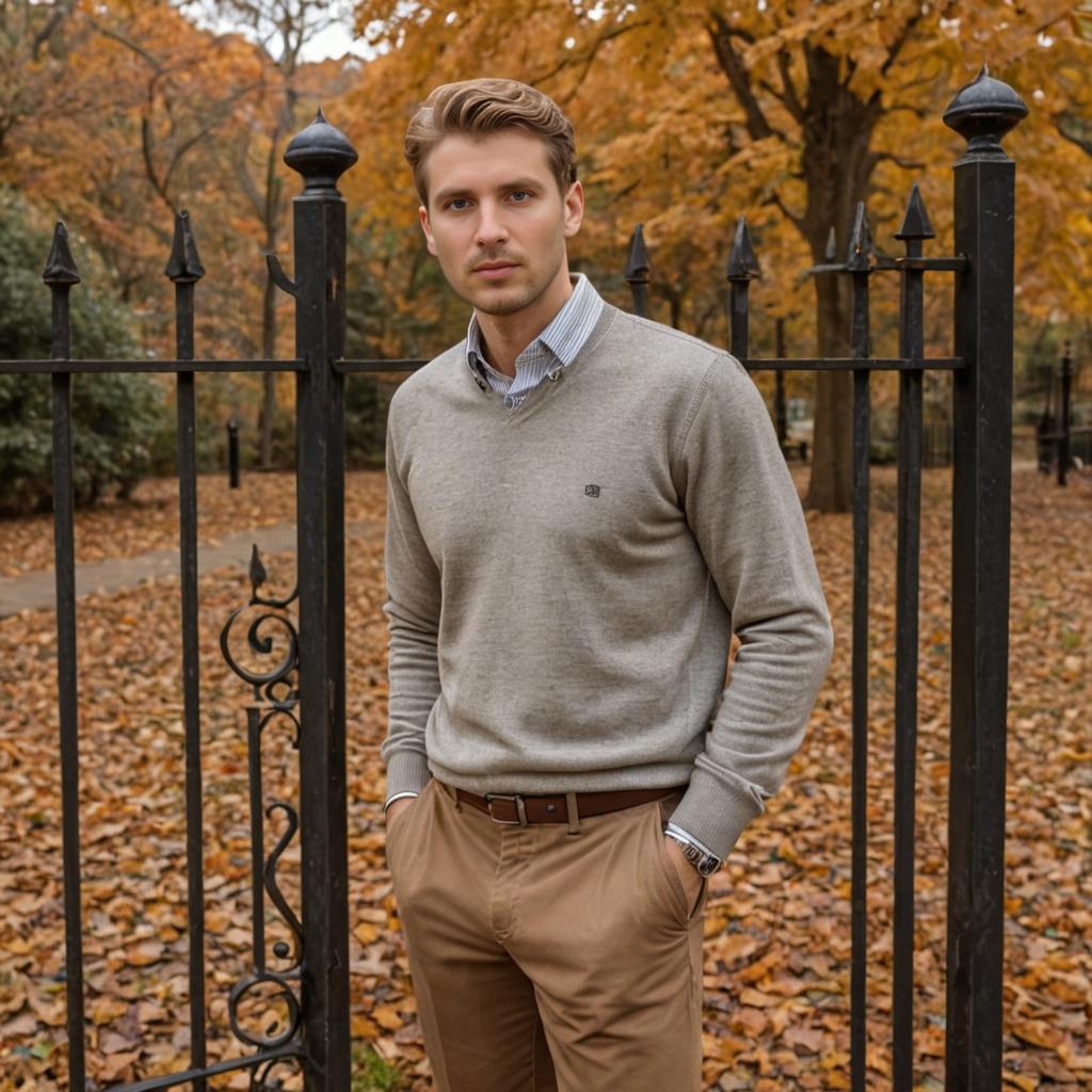 Stylish Man by Autumn Leaves and Metal Gate