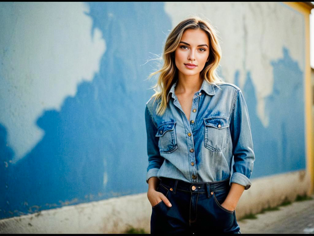 Stylish Young Woman in Denim Against Blue Wall