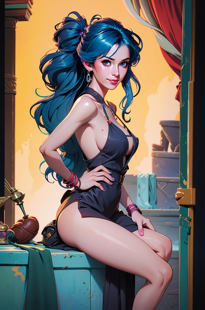 Digital Illustration of Woman with Blue Hair in Black Dress Sitting Indoors
