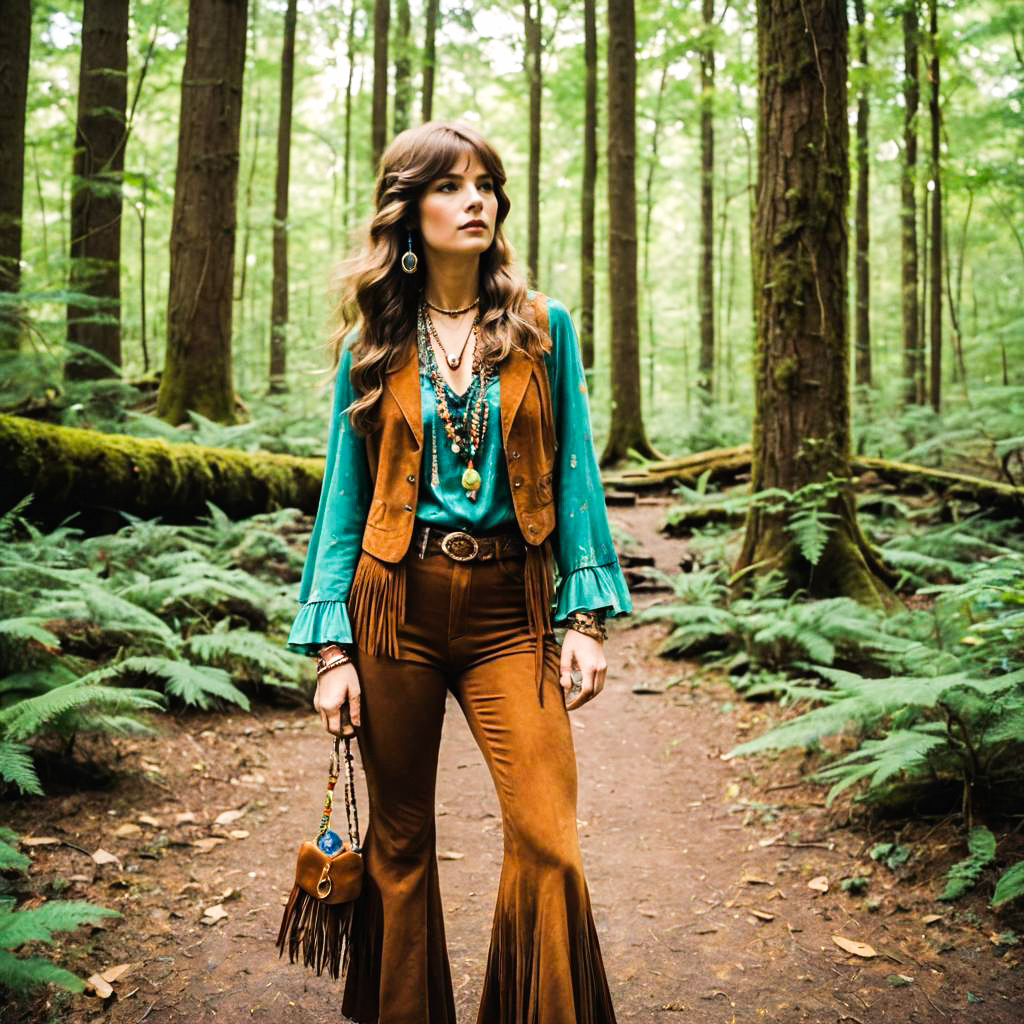 Stylish Woman in Turquoise Top Walking in Forest