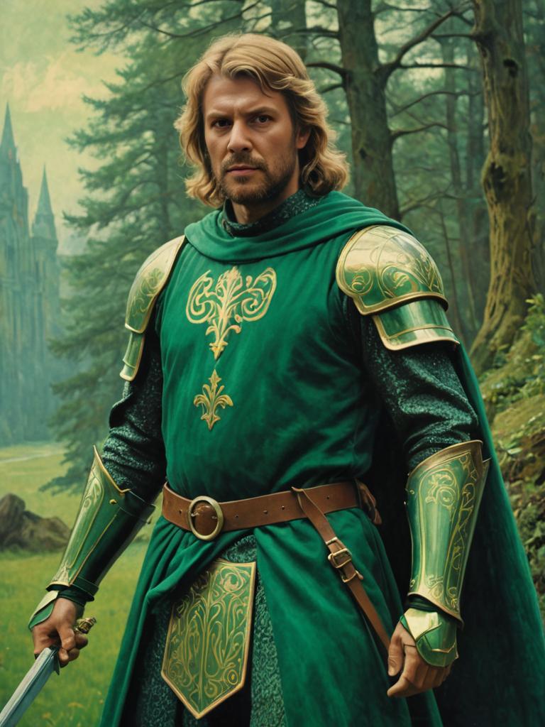 Knight in Green Armor in Fantasy Forest