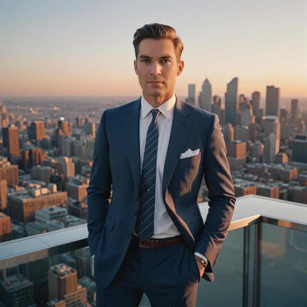 Confident Man in Suit Against City Skyline at Sunset