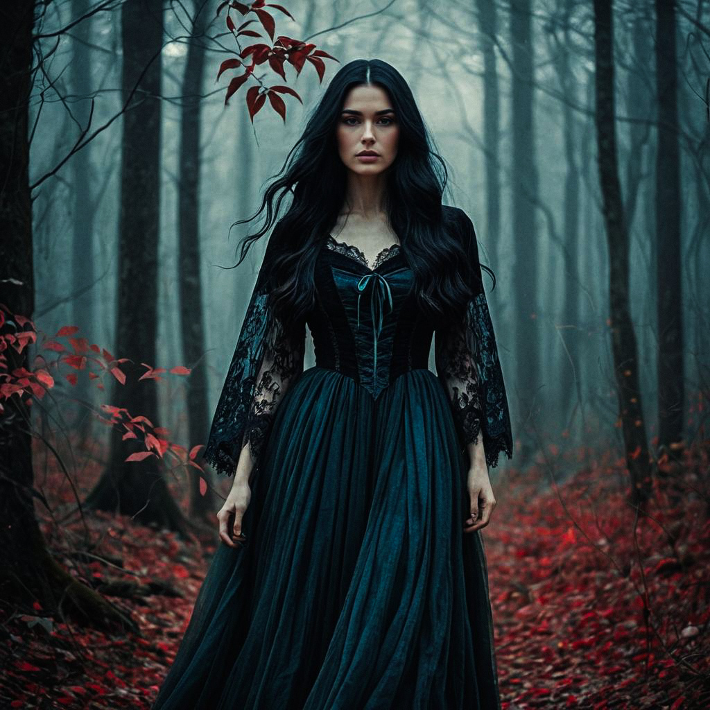 Woman in Black Lace Dress in Misty Forest