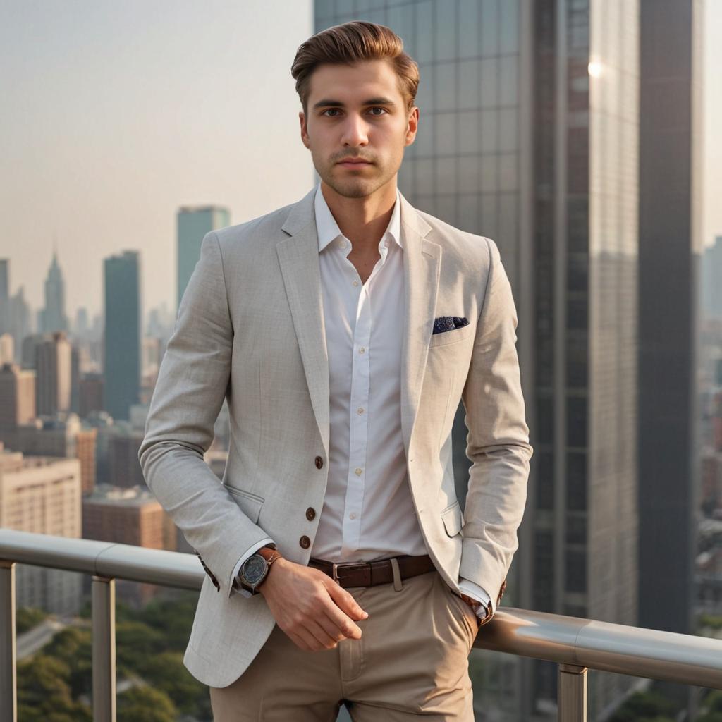 Confidently Dressed Man Against Urban Skyline