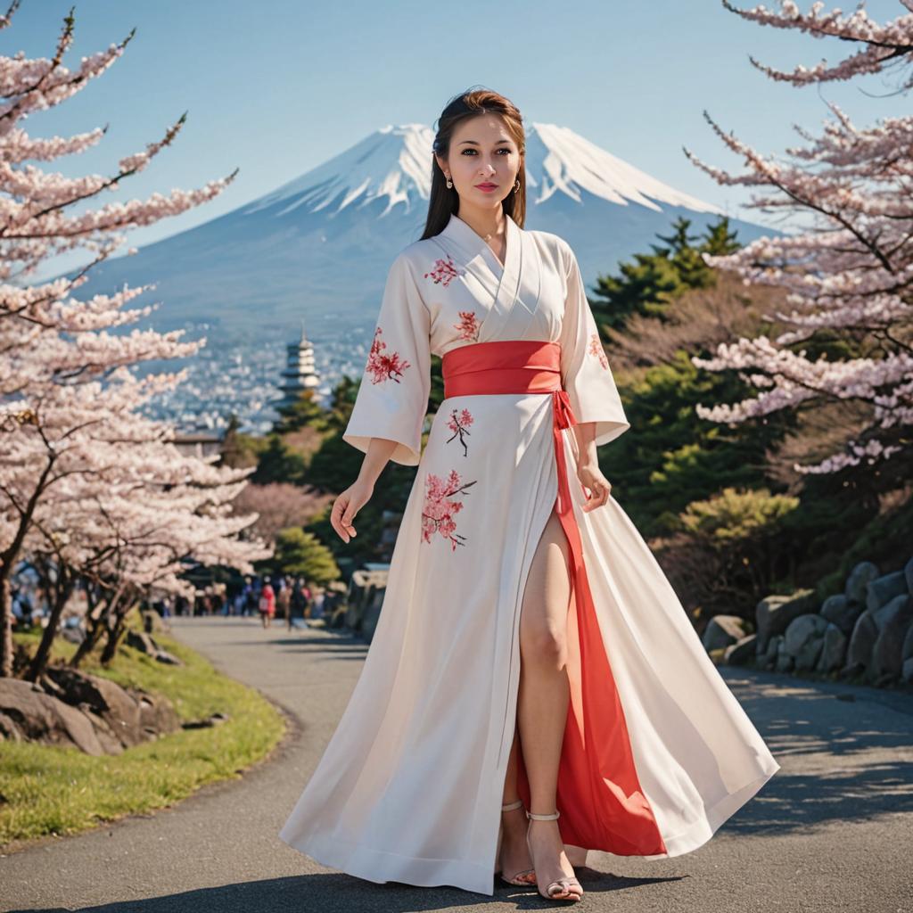 Elegant Woman in Cherry Blossom Dress at Mount Fuji