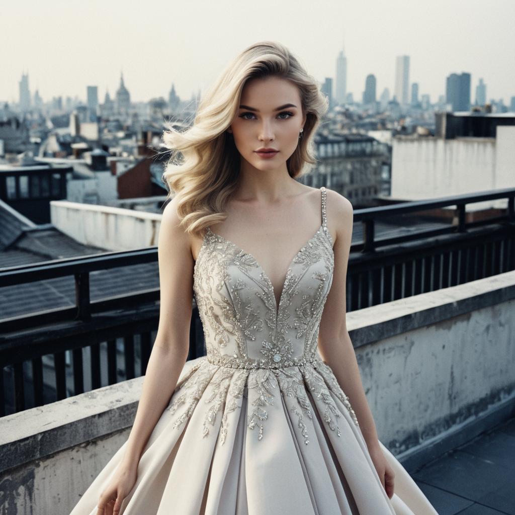 Elegant Woman in Beaded Silver Gown on Urban Rooftop