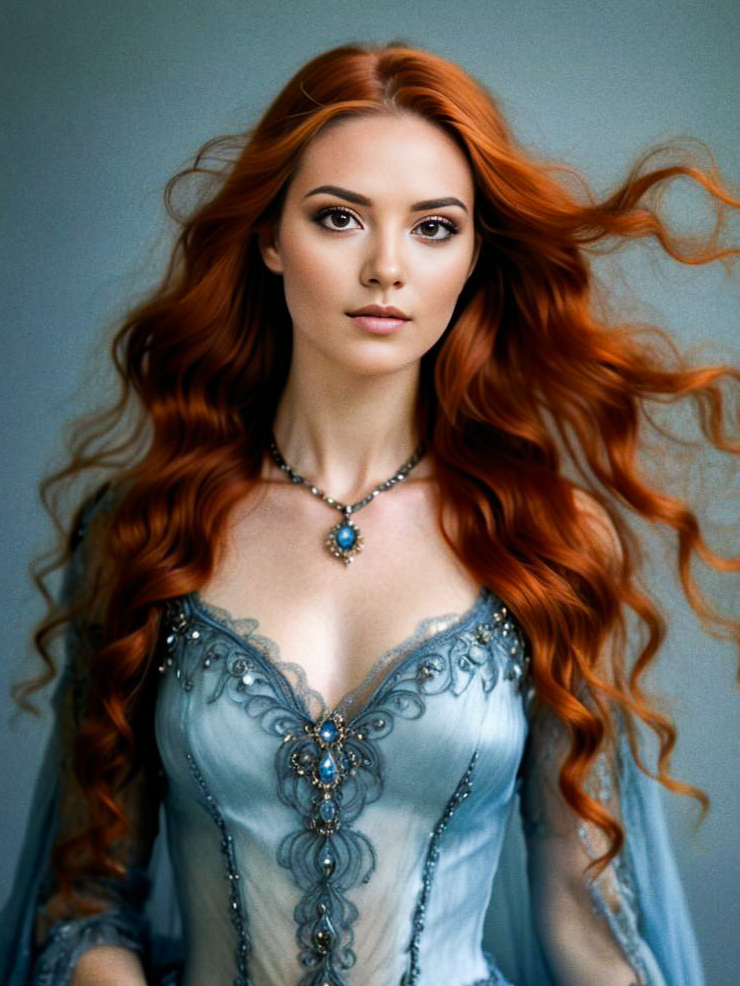 Enchanting woman in blue gown with red hair