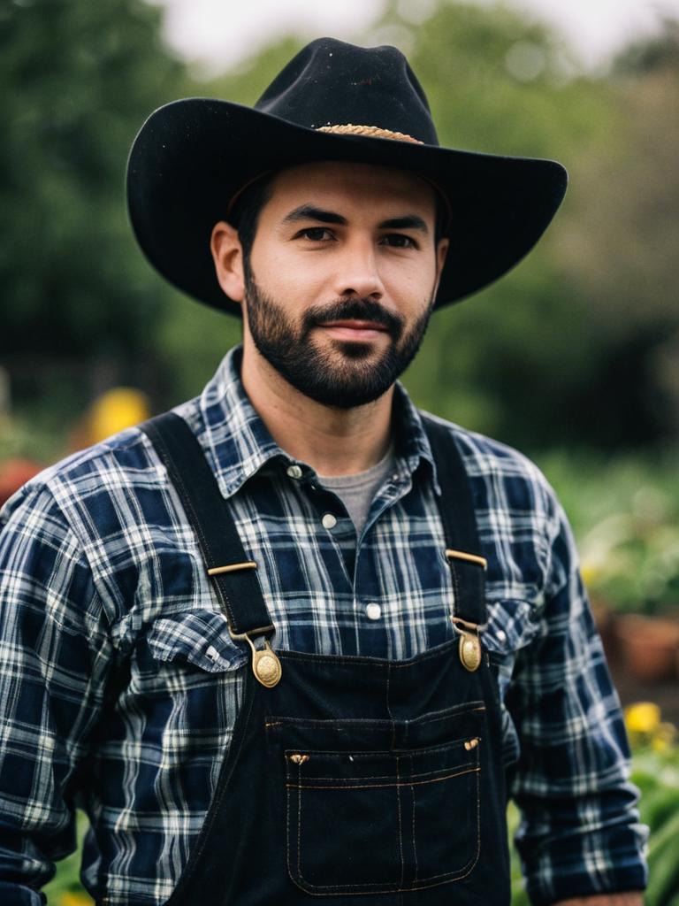 Portrait of Man in Gardener Costume Wearing Plaid Shirt and Black Hat