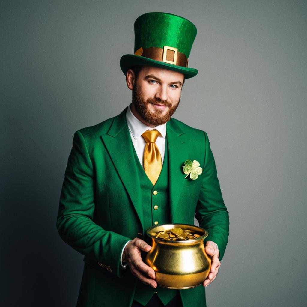 Man in Green Leprechaun Costume Holding Pot of Gold Coins