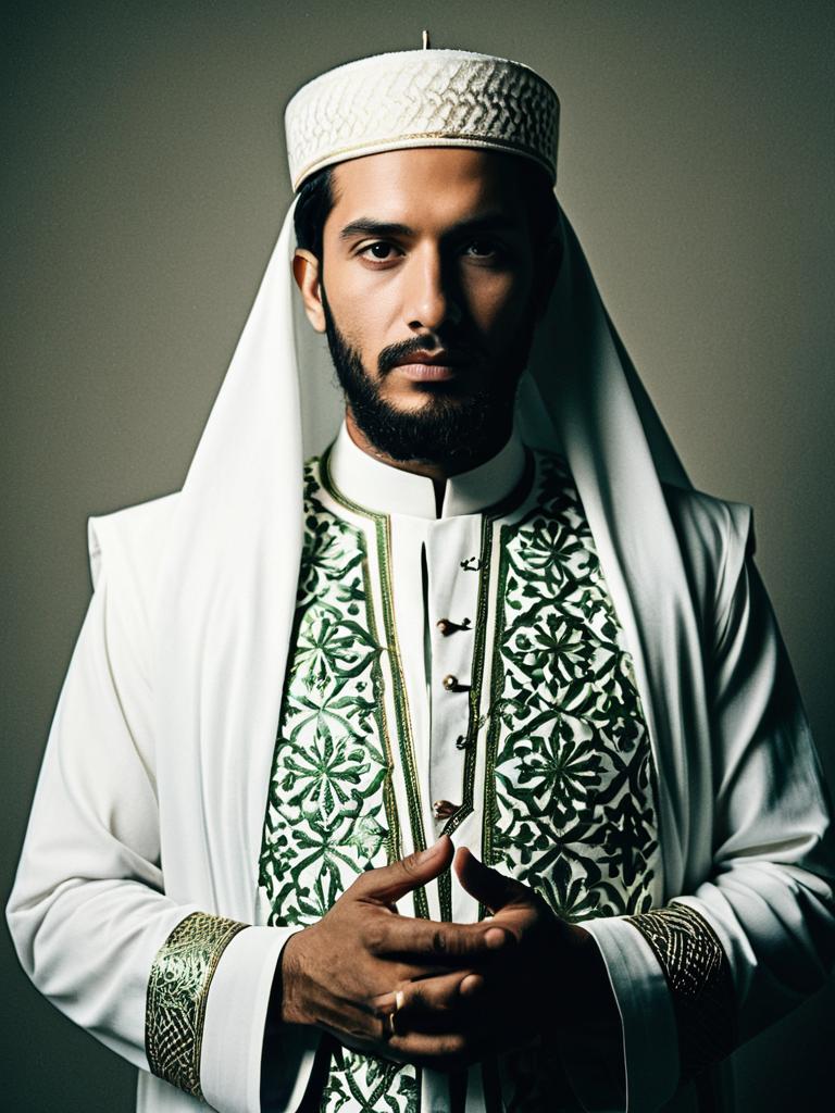 Man in Muslim Costume with Embroidered Thobe and Traditional Headwear