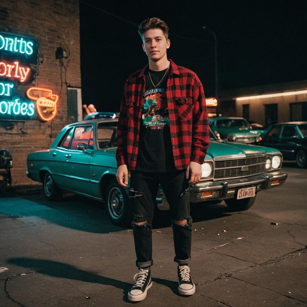 Young Man in Casual Style on Night Street