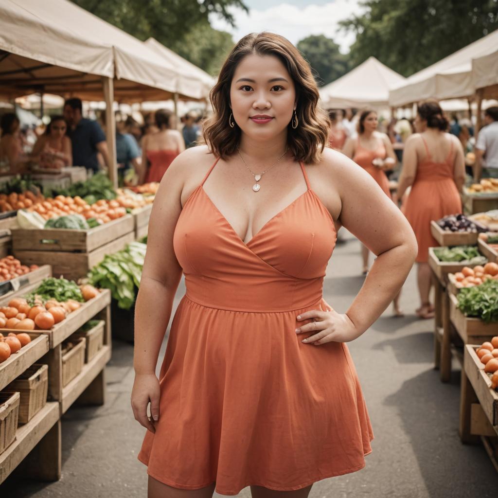 Elegant Woman in Burnt Orange Dress at Outdoor Market