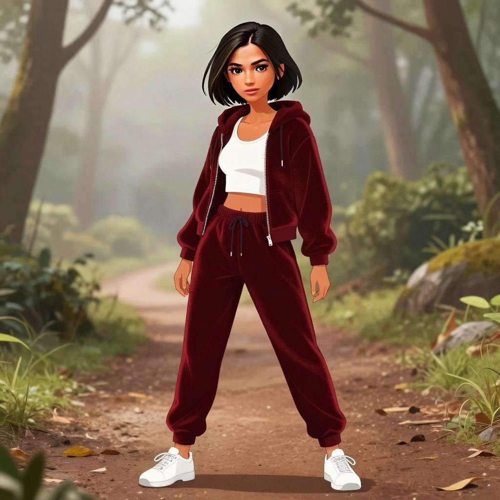 Young Woman in Maroon Tracksuit on Forest Path Digital Art