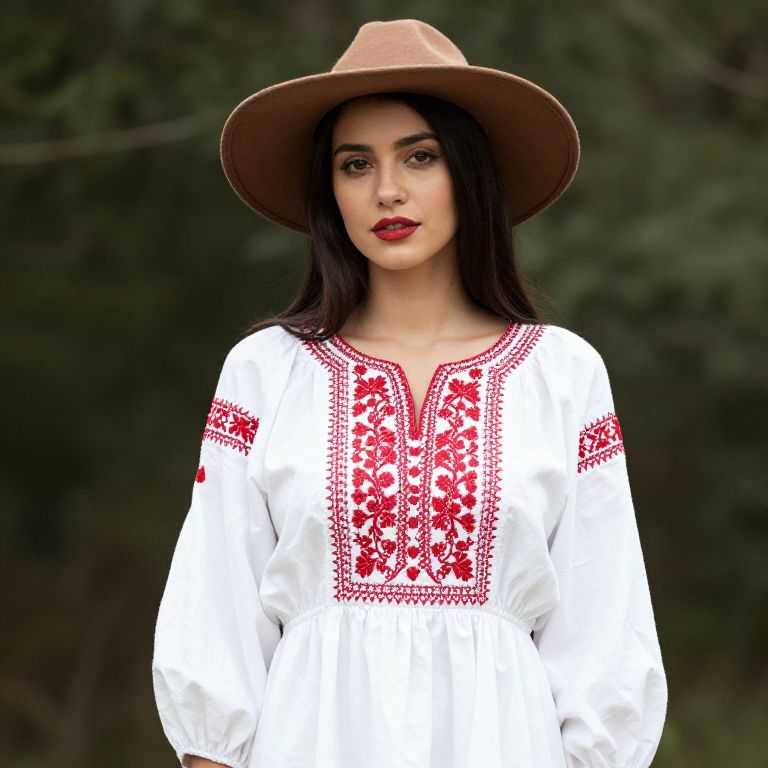 Woman in Traditional Embroidered Blouse and Brown Hat