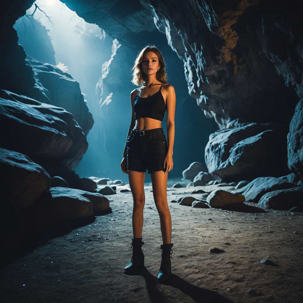 Confident Woman in Cave with Dramatic Light