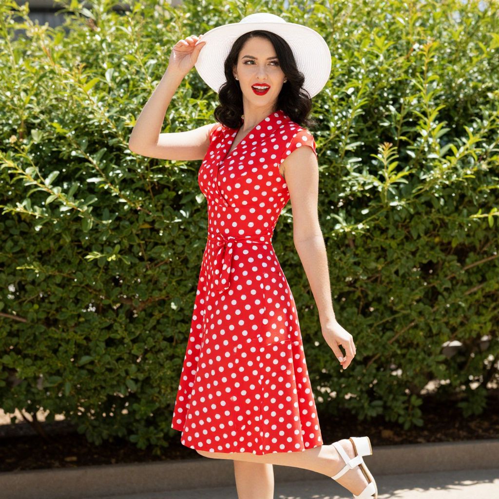 Woman in Red Polka Dot Vintage Dress with White Hat Outdoors