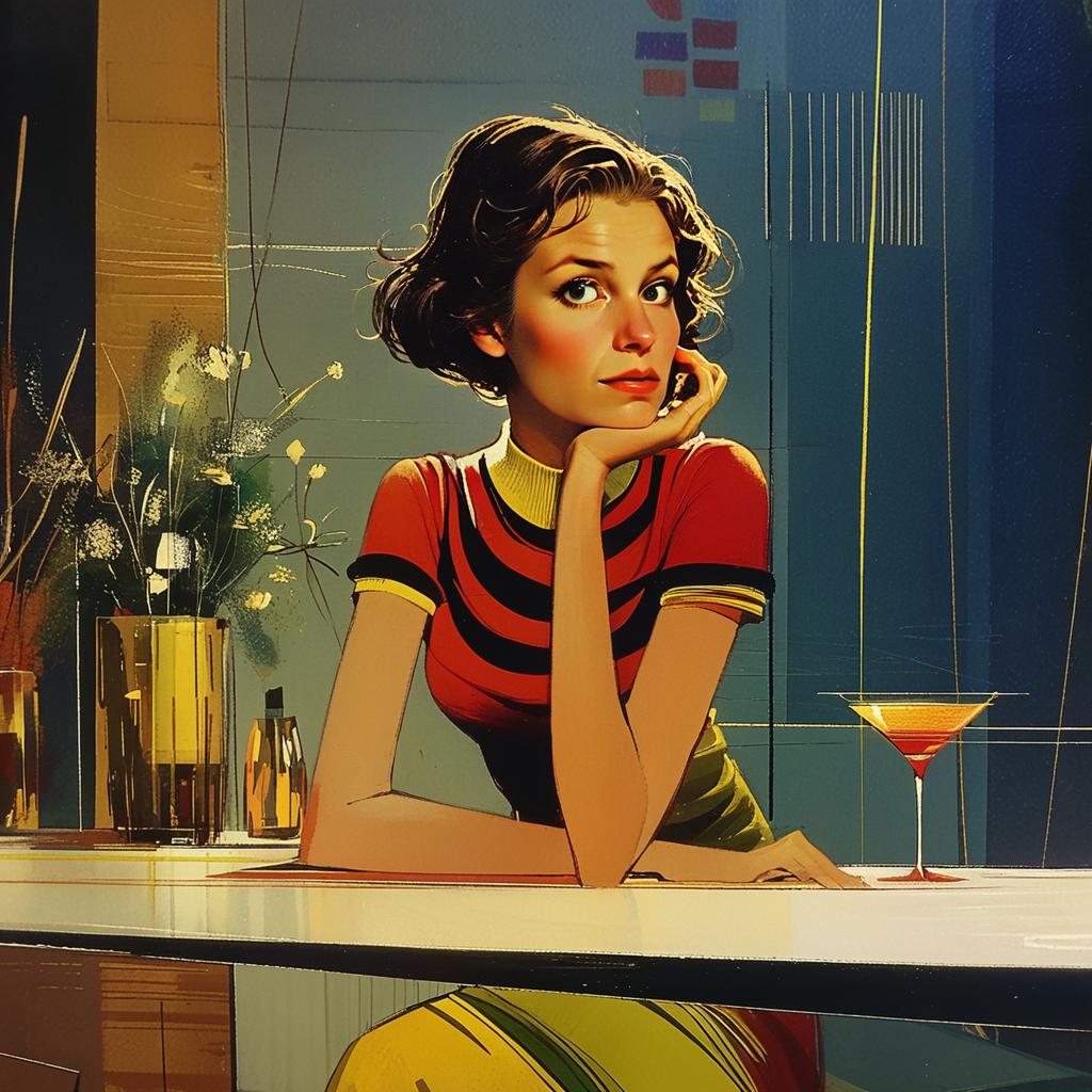 Vintage-Inspired Digital Portrait of Woman at Bar Counter