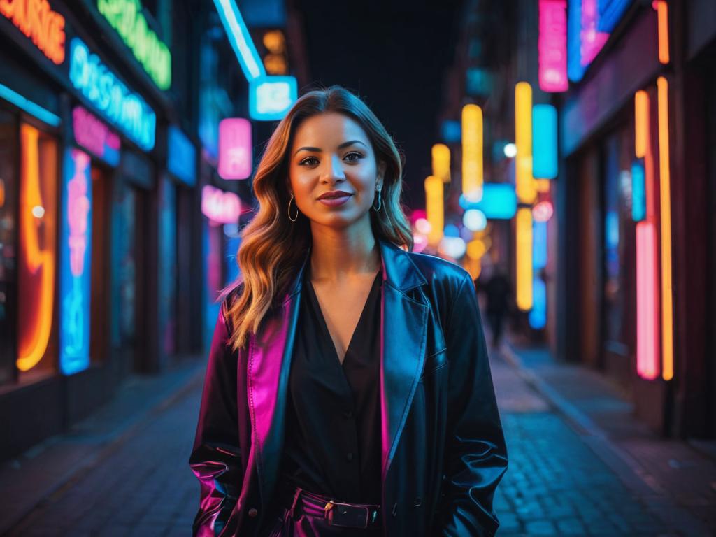 Confident Woman in Stylish Outfit on City Street at Night