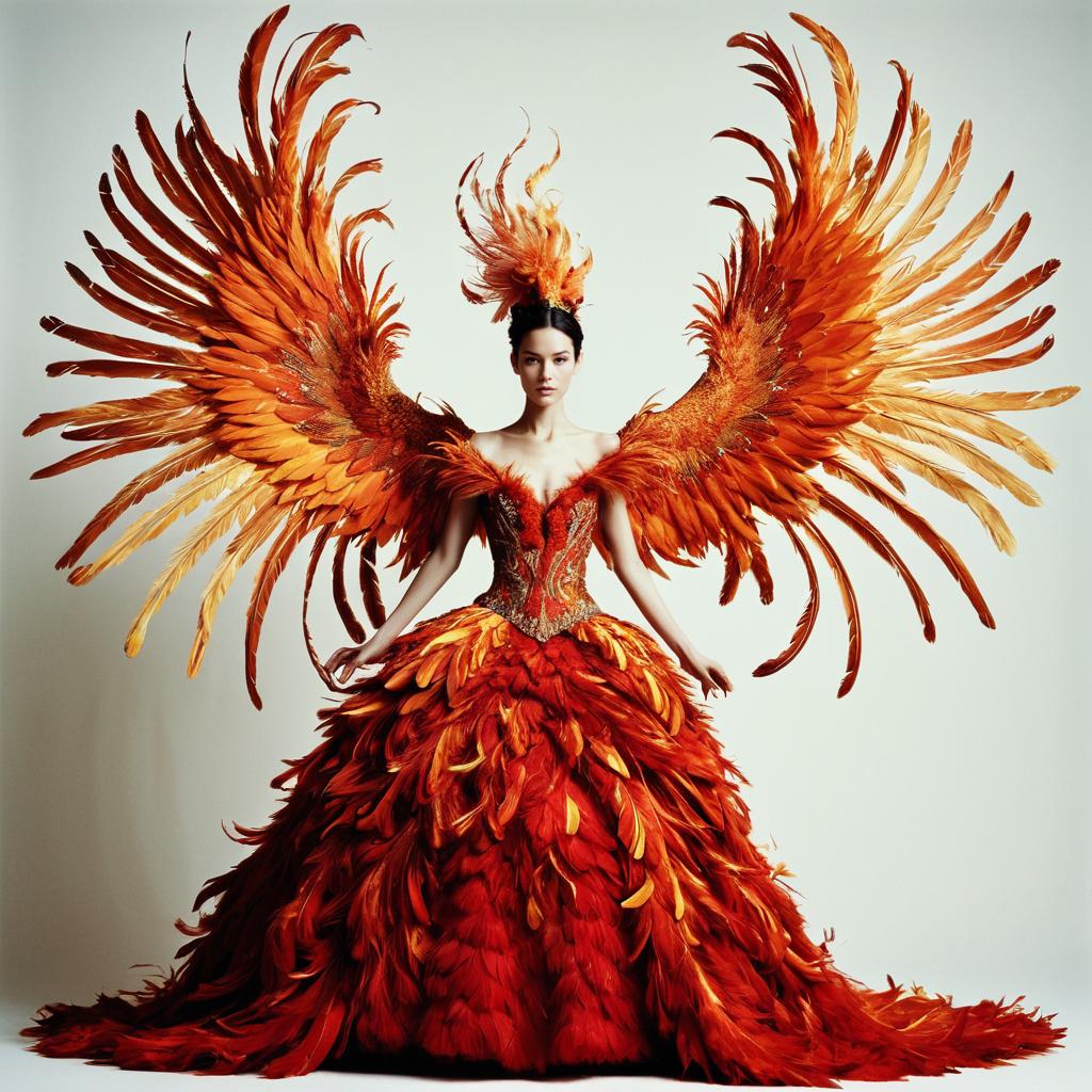 Woman Wearing Phoenix Inspired Feathered Gown with Large Wings
