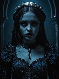 Gothic Victorian Woman in Dark Dress with Cross Necklace Portrait