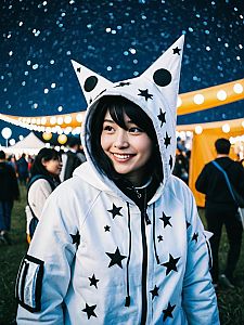 Woman in Stars and Moons Costume Candid Cosplay Photo at Festival
