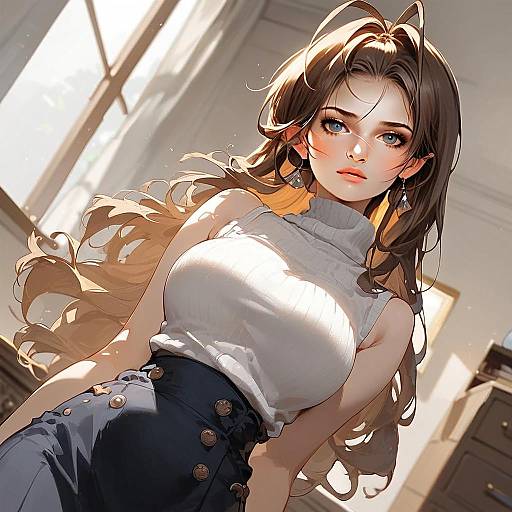 Elegant Anime Woman in White Turtleneck and High-Waisted Skirt Digital Art