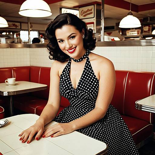 Retro 1950s Woman in Polka Dot Dress at Vintage Diner Booth