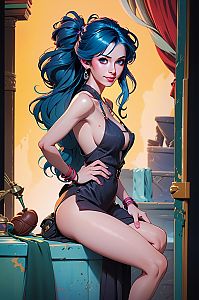 Digital Illustration of Woman with Blue Hair in Black Dress Sitting Indoors