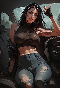 Stylish Woman in Ripped Jeans and Crop Top Digital Artwork Sitting in Car