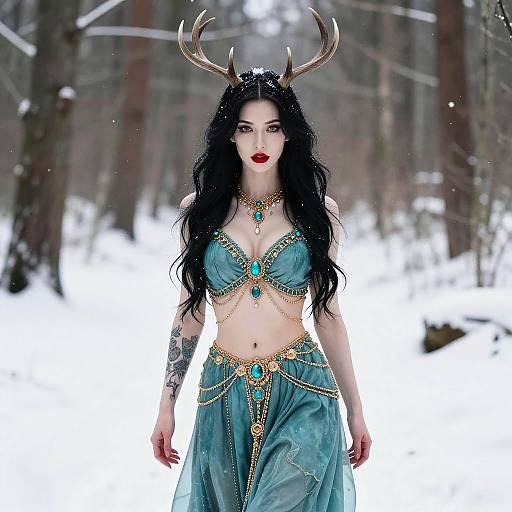 Mystical Woman in Fantasy Teal Outfit with Deer Antlers in Snowy Forest