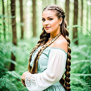 Woman in Blue Dress with Braided Hair in Lush Forest