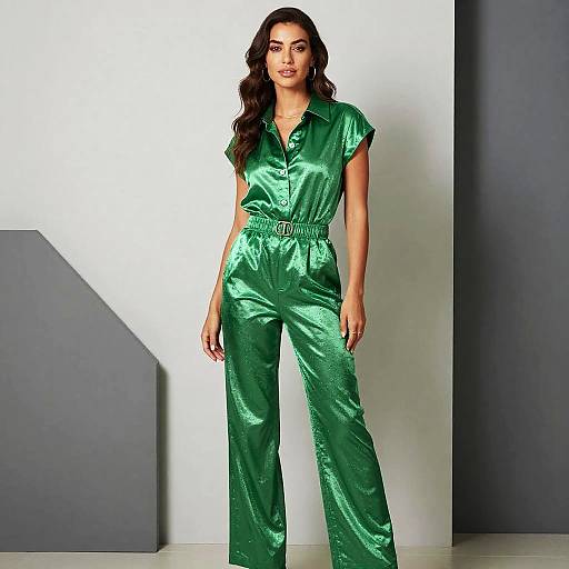 Green Satin Jumpsuit for Women with Collared Button-Up Top and High Waist