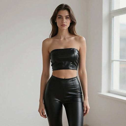 Young Woman Wearing Black Leather Crop Top and Pants - Gen Z Fashion