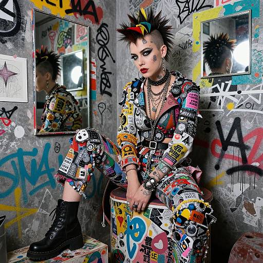 Colorful Punk Woman with Mohawk in Graffiti Urban Setting