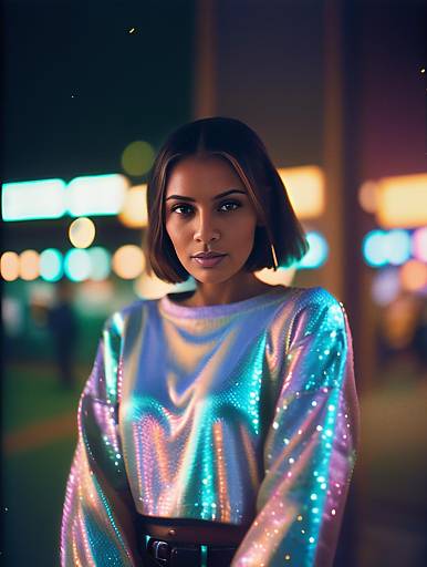 Young Woman Wearing Iridescent Neon Crop Top in Urban Night Setting