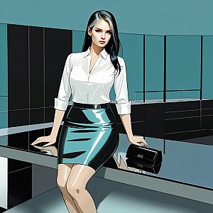 Confident Woman in Teal Skirt and White Blouse