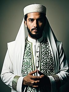 Man in Muslim Costume with Embroidered Thobe and Traditional Headwear