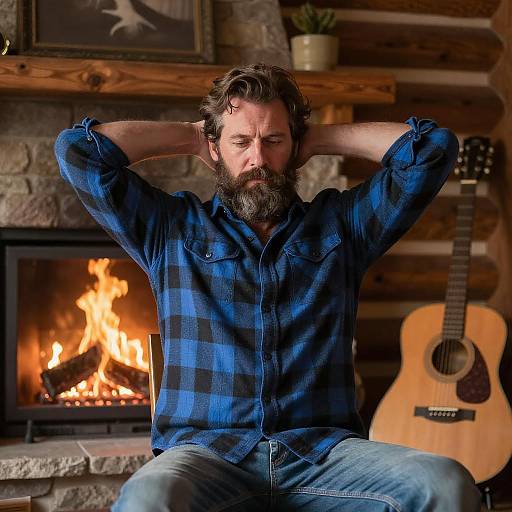 Bearded Man Relaxing in Cozy Cabin by Fireplace with Guitar