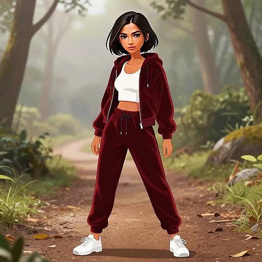Young Woman in Maroon Tracksuit on Forest Path Digital Art
