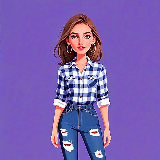 Woman with Pretty Face and Pretty Hair in Casual Plaid Shirt and Ripped Jeans Digital Illustration