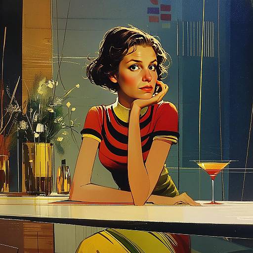 Vintage-Inspired Digital Portrait of Woman at Bar Counter