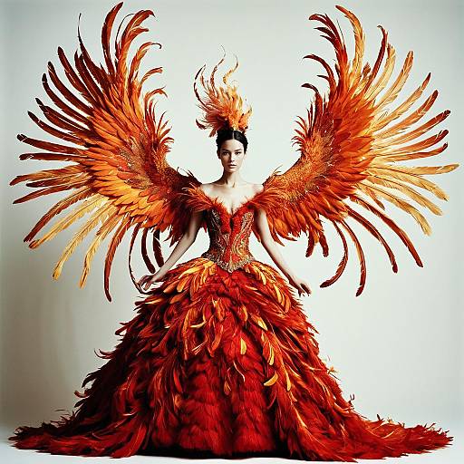 Woman Wearing Phoenix Inspired Feathered Gown with Large Wings